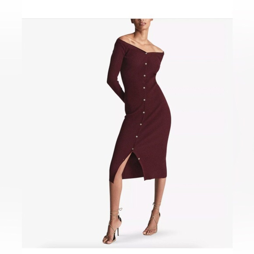 Reiss Burgundy Ribbed Button-Front Long Sleeve Dress, pre loved